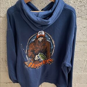 Bass Pro Shops Navy Blue Pullover Hoodie with Orange Bassquatch Graphic